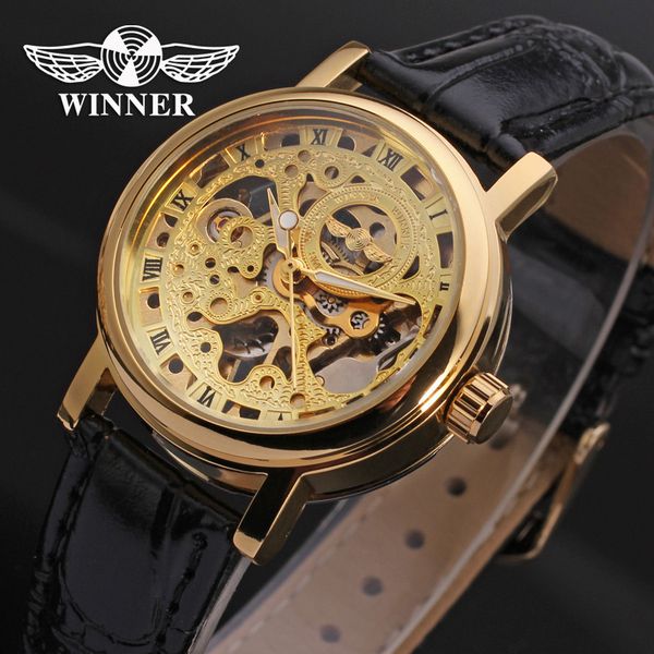 

2021 new women's hollow mechanical watch fashion belt manual, Slivery;brown