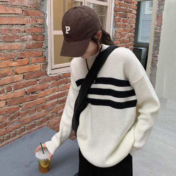 

women's sweaters autumn winter fashion 2021 medium long round neck knitted loose net red stripe sweater, White;black