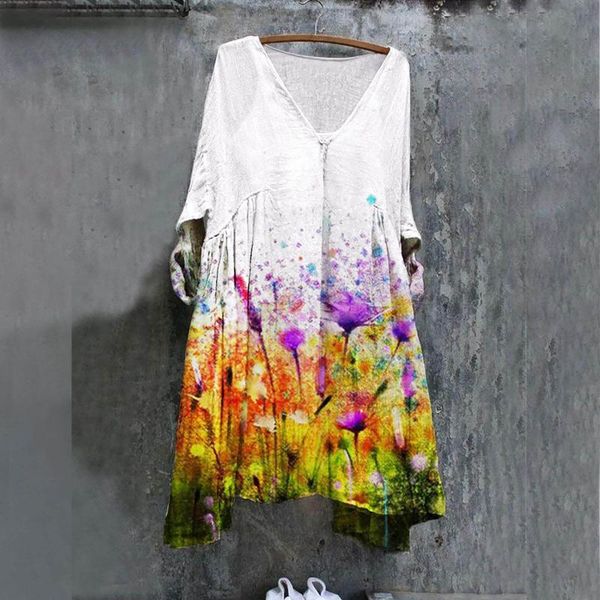 

casual dresses fashion women's retro midi dress floral printed long sleeves v-neck loose ladies streetwear plus size #g2, Black;gray