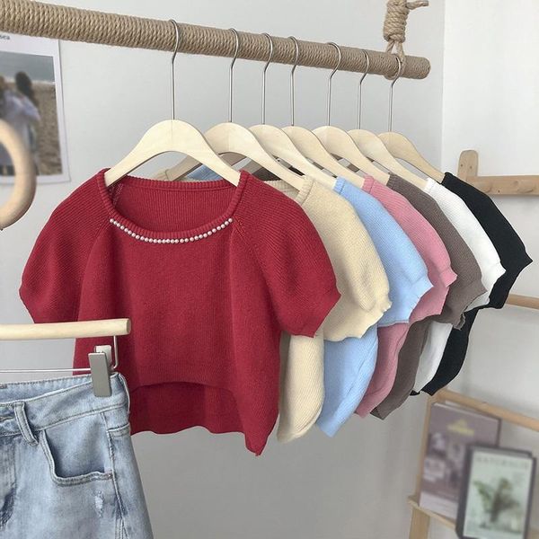

women's t-shirt women korean o neck casual sweet knitted short sleeves, White