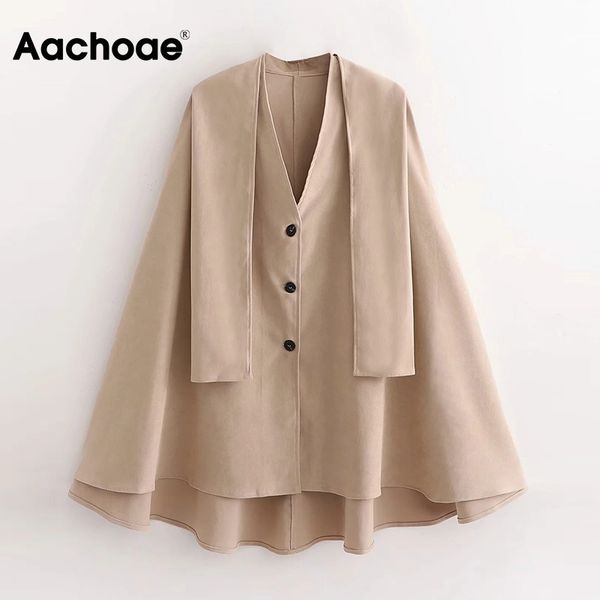 

aachoae autumn winter loose casual cape coat women chic v neck single breasted outerwear ladies fashion khaki long cloak 210413, Black