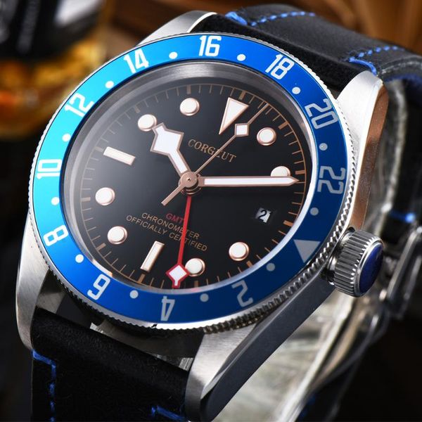 

wristwatches 2021 brand watch 41mm corgeut mechanical men's gmt military sports calendar sapphire leather swimming clock 2031, Slivery;brown