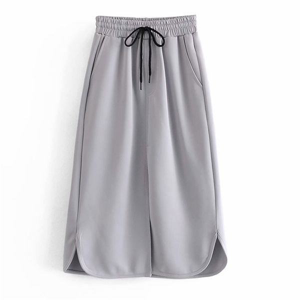 

women autumn solid casual skirts elastic waist drawstring bow tie female street mid-calf skirt clothing 210513, Black