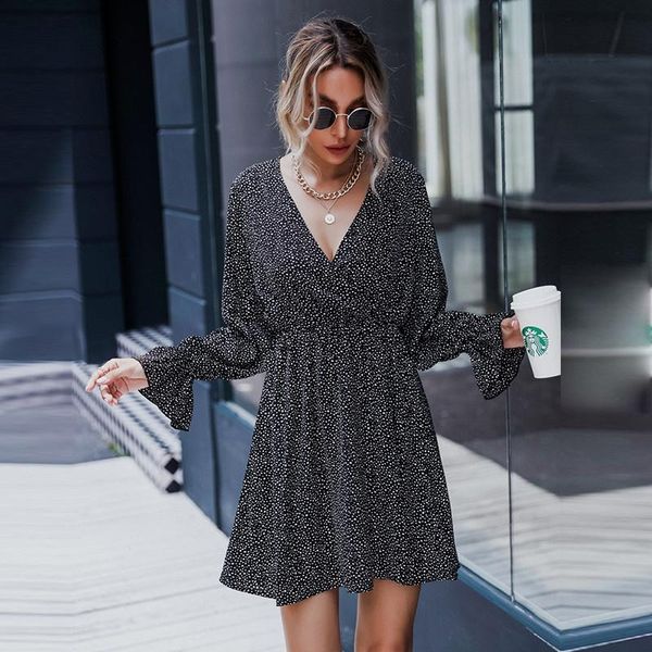 

casual dresses fashion flare sleeve dress women autumn winter slim ruffles dot print short for 2021, Black;gray