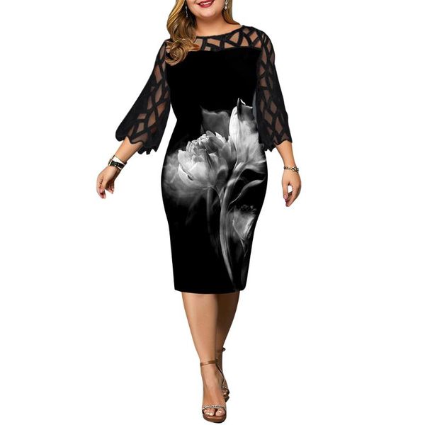 

l-6xl plus size dress ladies casual lace 3/4sleeve openwork elegant dresses women spring fall white rose print black, Black;gray