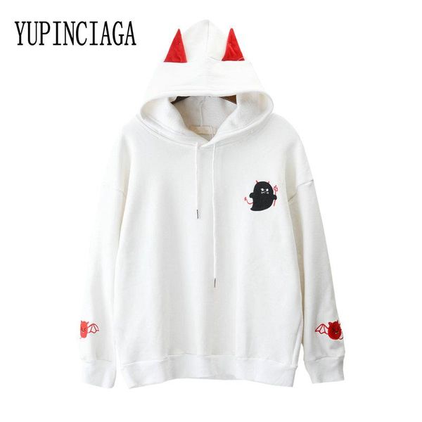 

women's hoodies & sweatshirts yupinciaga women spring cartoon devil embroidered loose hooded pullovers with horns harajuku female white, Black