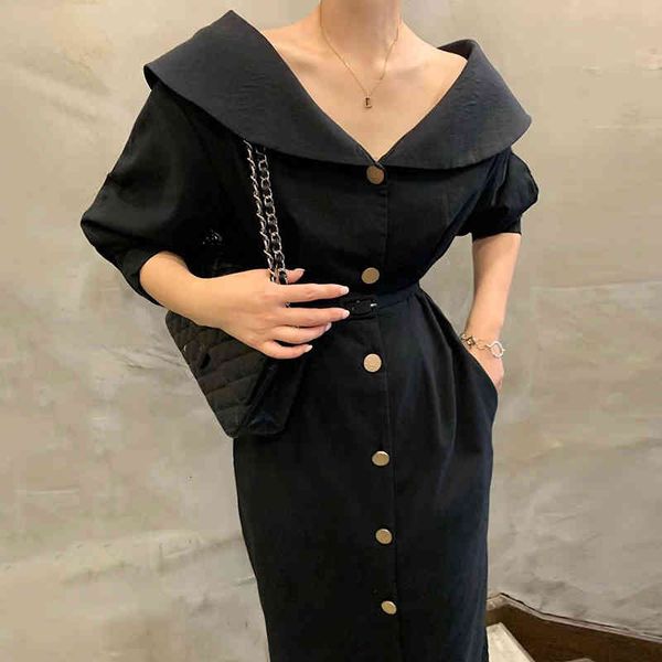 

casual dresses [ewq] korea chic summer trend women solid lapel single-breasted simple fashion lace-up puff sleeve dress 16e2032 3bbt, Black;gray