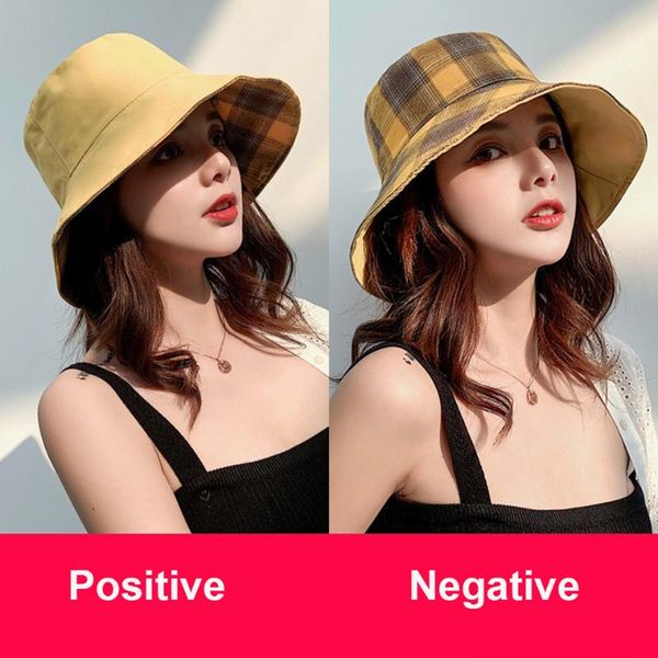 

women double-sided wear solid color grid summer sunscreen panama hat girls sunbonnet fedoras outdoor fisherman beach cap hats, Black;white