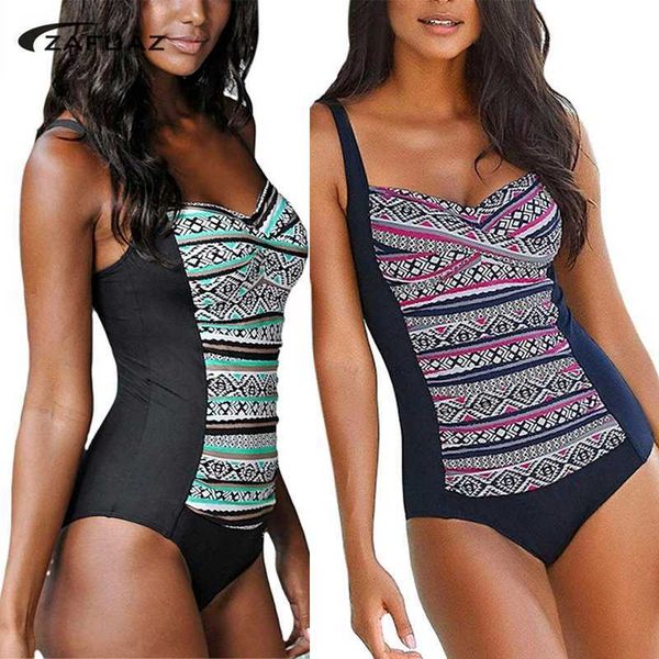 Sexy Print Badeanzug Vintage Big Size Bademode Frauen Geraffte Bauchkontrolle Monokini Badeanzüge Plus Größe XXL 210604