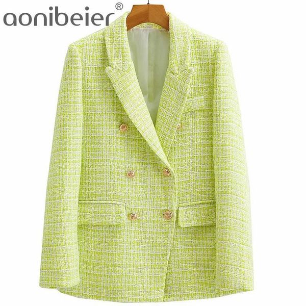 

women's suits & blazers aonibeier 2021 autumn winter woolen woman casual metal double breasted flap pockets straight long jackets green, White;black