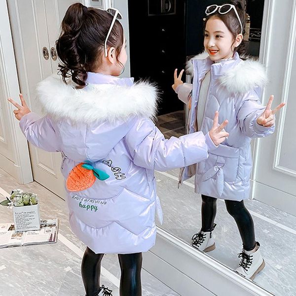 

down coat girls' winter jackets, big children's thick cotton-padded coat, girls shiny long fur collar hooded jackets, Blue;gray
