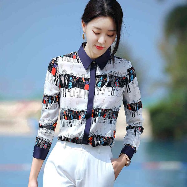

women's blouses & shirts new white dark blue full sleeve print blouse shirt women fashion office lady turn-down collar work wear formal