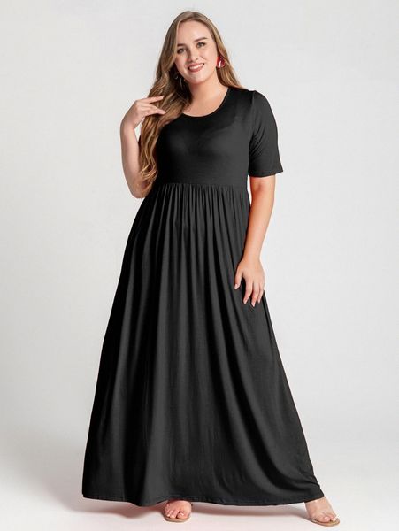 

plus solid high waist smock dress p3h7#, Black