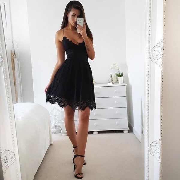 

backless spaghetti strap lace dress women sleeveless v-neck loose summer cotton black elegant party dresses casual, Black;gray