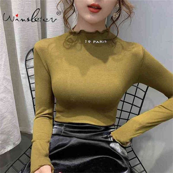 

spring solid t-shirt half turtleneck ruffles long sleeve tee slim stretchy bottoming casual women clothes 210421, Black;gray