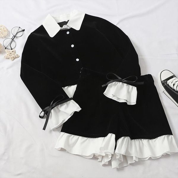 

korean fashion ruffled shirt womenpant mini shorts sets 2pc girl retro black white blouse amp high waist pants suits two