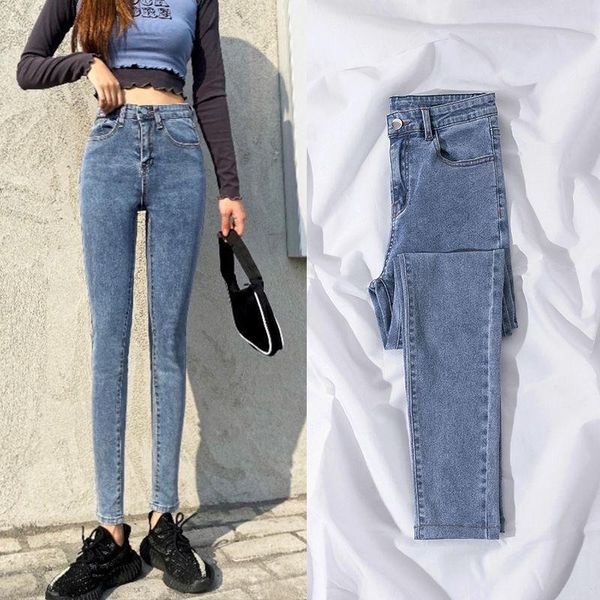

women's jeans 2021 feet pencil pants stretch high waist buttocks slimming korean version of all-match tight student, Blue