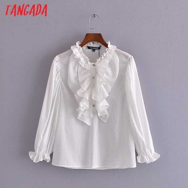 

tangada women beading buttons white ruffles shirts long sleeve solid elegant office ladies work wear blouses 3h303 210609