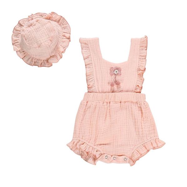 

baby girls clothes kids born sleeveless ruffle button romper jumpsuit+hat infant toddler outfits suits rompers, Blue