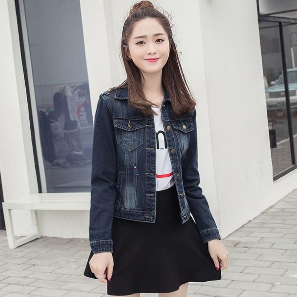 

women's jackets korean slim fit all match womens jacket turn down collar jeans washed denim fashion outerwear coat rivet punk streetwea, Black;brown