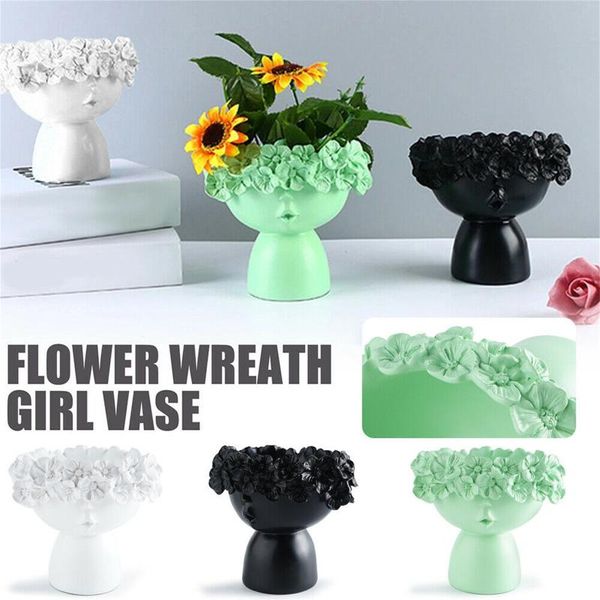 

cute flower wreath girl vases crown doll head container planter resin craft home