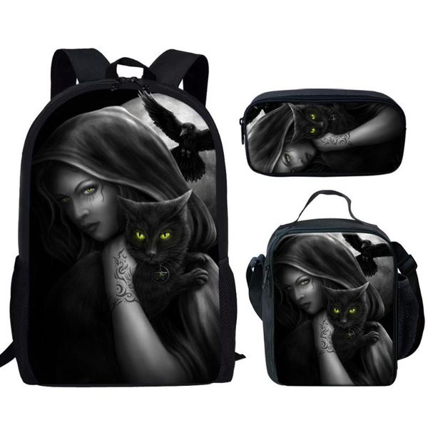 

school bags 3pcs/set print terror black cat backpack teenagers witch crow nylon bookbag casual
