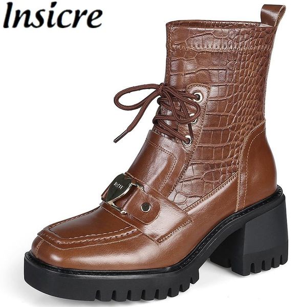 

boots insicre women ankle cross tied round toe cow leather platform 2021 winter thick high heel shoes patchwork non slip, Black