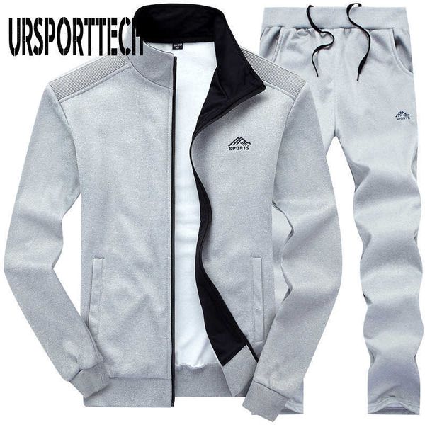 

tracksuits men polyester sweatshirt sporting suit autumn gyms jacket + pants casual men's track suit sportswear fitness 210528, Gray