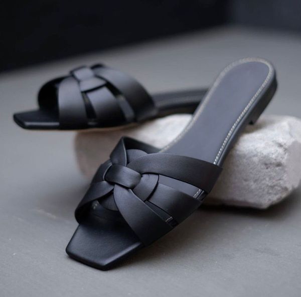 

luxury designer slides tribute flat women's sandals nu pieds 05 slippers shoes intertwining strap summer outdoor casual style beach fli, Black