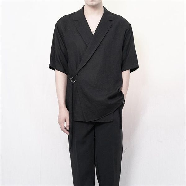 

men's casual shirts 2021 summer short sleeve shirt double breasted dark linen loose trend, White;black