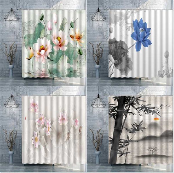 

shower curtains chinese style landscape lotus bamboo ink painting polyester decor curtain bathroom waterproof screens with hooks