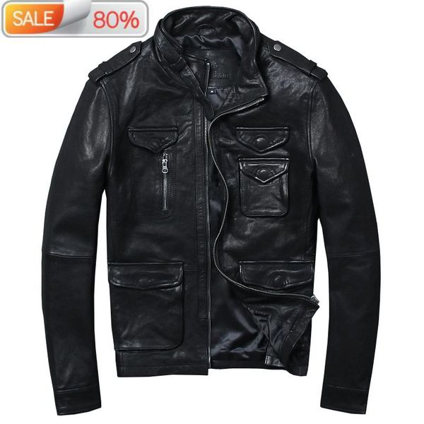 

men's leather & faux motorcycle goatskin coat genuine jacket men slim korean vintage jackets 2021 013hl b22306, Black