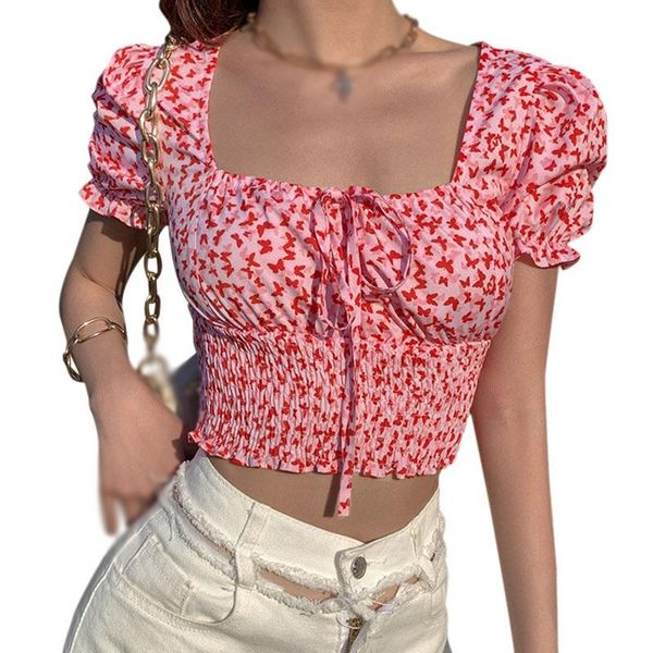 

women's blouses & shirts butterfly print square collar puff sleeve sweet exposed navel short, White