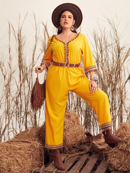 

plus pom pom trim jumpsuit without belt 75ye#, Black
