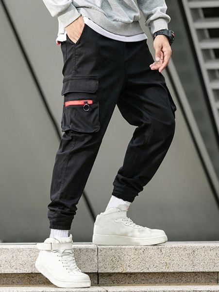 

men o-ring zipper detail flap pocket side cargo pants t3lu#, Black