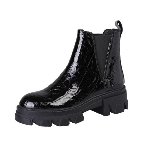 

women shoes genuine leather ankle boots thick heels platform stone pattern cool classic ladies footwear size 34-39, Black