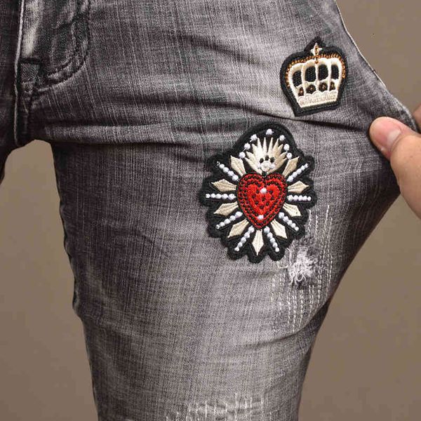 

men's jeans of men full-length pants fashion washed embroidered print male casual jeans elastic pencil t3w9, Blue