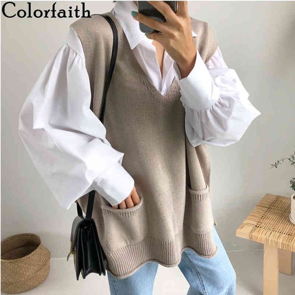 

colorfaith new autumn winter women sweaters pullover sleeveless vest knitting pockets oversize wild split knitwear swv5183 210413, White;black