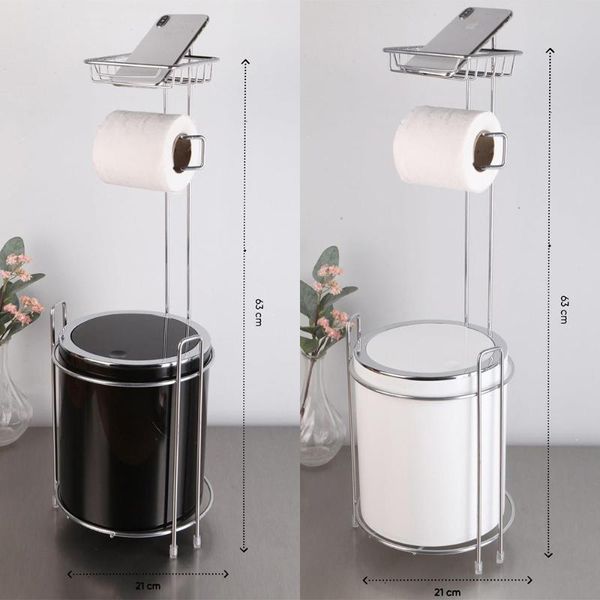 

bath accessory set vip gross,lux toilet paper holder and waste bin, additional phone holder, black & white op.