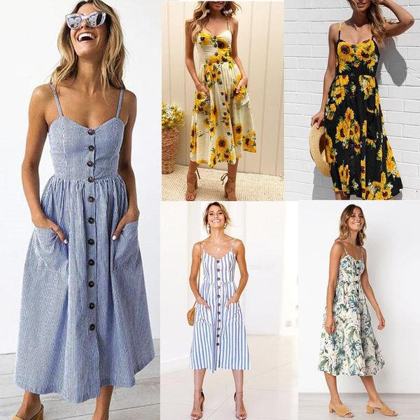 

casual dresses v neck backless floral summer beach dress women 2021 white boho striped button sunflower daisy pineapple party midi, Black;gray