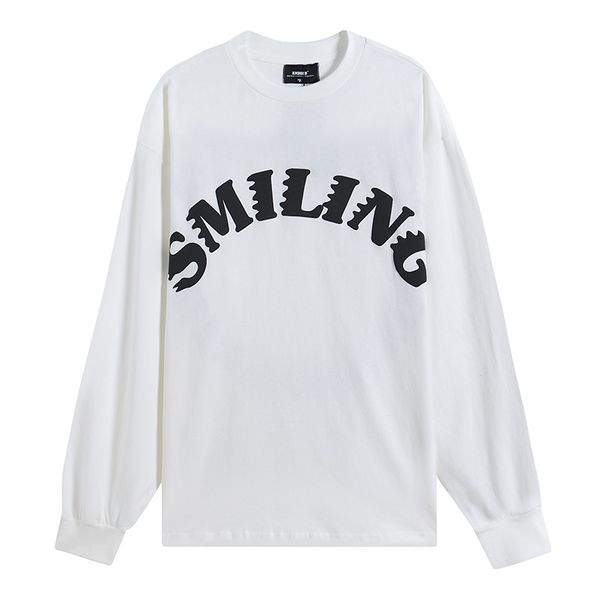 

retro smiling letter foam cotton crew neck couple tshirts long sleeve autumn oversize high street loose tees harajuku33, Black