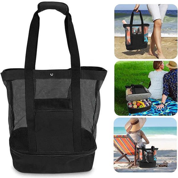 

storage bags mesh beach tote bag with insulated cooler compartmen large pool picnic toy closure foldable grocery