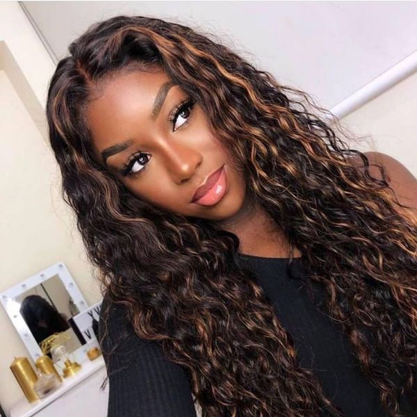 

blonde highlight wig hd transparent lace wig water wave gradient color 13x6 lace front human hair nabeauty remy, Black