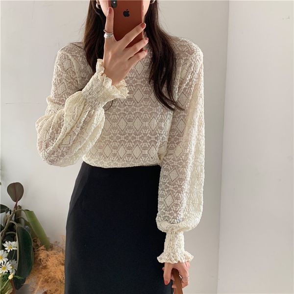 

dress retro chic half-turtleneck lace basic brief office lady vintage gentle elegance female shirts, White