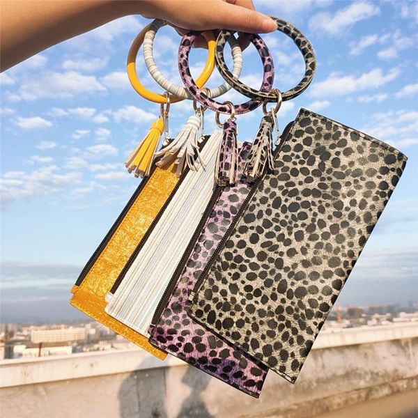 

keychains fashion round pu leather tassel bangle hang change purse phone bag for women clutch wristlet keychain bracelet key ring jewelry, Silver