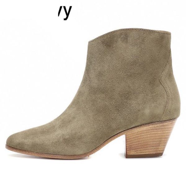 

boots pointed toe chunky high heel short boots women real suede ankle runway botas autumn winter shoes bota feminina u3uu, Black