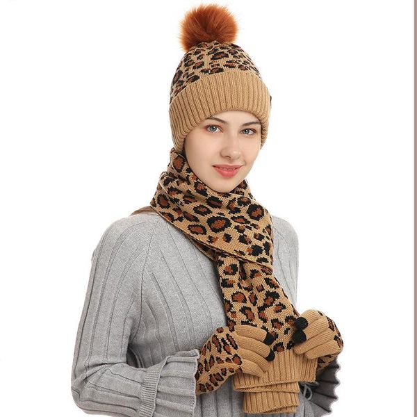 

hats, scarves & gloves sets 3pcs set winter thermal suit women leopard style knitted scarf warm hat touch glove, Blue;gray