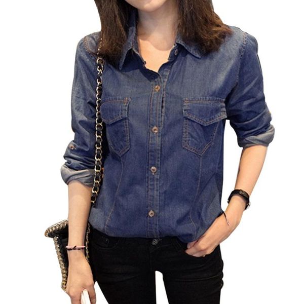 

women casual blue denim shirt lapel long-sleeved slim thin button pocket wild blouse women's blouses & shirts, White