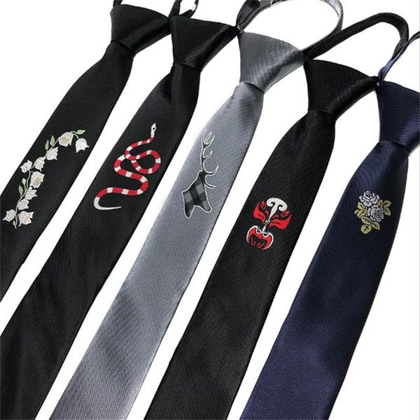 

men's embroidered tie zipper lazy easy to pull korean marriage personality logo narrow necktie 5cm crown animal 2pcs/lot, Blue;purple