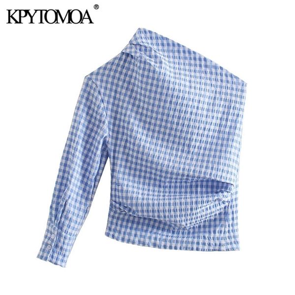

women fashion pleated asymmetry check blouses one shoulder back button-up female shirts blusas chic 210420, White